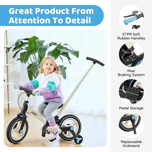 JMMD 6 in 1 Toddler Bike with Push Handle for Kids 18-60 Months, 12" Foldable Balance Bike with Training Wheels, Pedals, Brakes, Kickstand, Push Tricycle Toddler Gift & Toys for Boy & Girl thumbnail 6