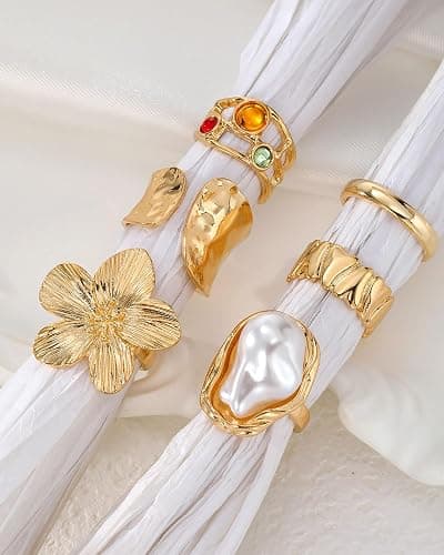 WGCHAIE Goldene Ringe Set, 6 Stück Set Retro Metall Blumen & Kristallringe, Vintage Knöchelringe mit Blumen, Perlen und Kristallen, für Damen Alltagsoutfit, Feiern, Partys thumbnail 6