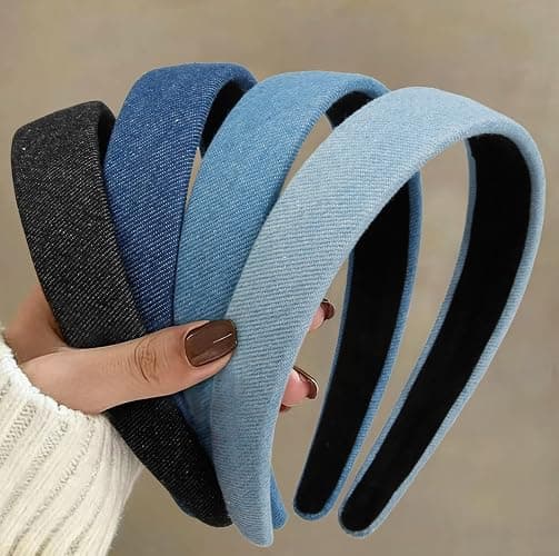 Huachi Headbands for Women Non Slip Trendy Denim Headbands for Women’s Hair 1 inch Wide Cute Headband for Girls, Vintage Head Bands Elastic Hair Bands Fashion Accessories for Women 4PCS - Image 1