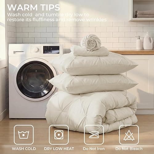 Sasttie Twin Comforter Set, 5-Piece Bed in a Bag, Pintuck Bedding Sets for All Season, Includes Comforter, Flat Sheet, Fitted Sheet, Pillowcase and Pillowsham, Beige thumbnail 9