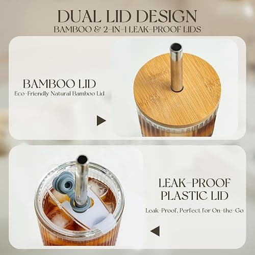 KEMORELA 20oz Ribbed Glass Tumblers with Bamboo Lids & Straws, Boba Cups | Stainless steel straws, bamboo & leak-proof dual lids. 13mm wide straw. Vintage. For boba, iced coffee, smoothies & travel. thumbnail 4