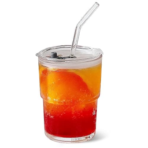 Olvini 13oz Glass Tumbler with Straw and Lid, Reusable Iced Coffee Cup Tumbler, Cute Glass Cups for Water, Matcha, Travel Coffee Mugs (Clear) - Image 1