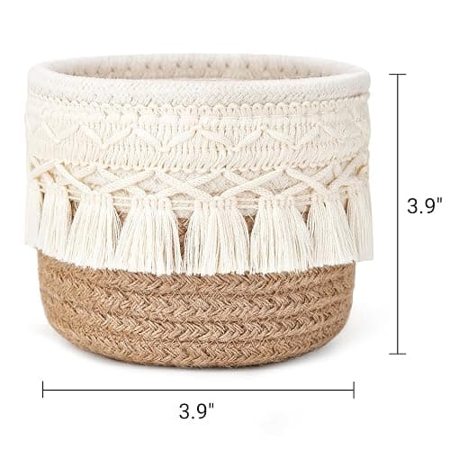 Mkono Macrame Makeup Brush Holder, Boho Mini Storage Basket Set of 2 | X-Small 3.9"W x 3.9"H, Yellow and White, Comb Pens Tiny Succulents Holder, Bedroom Vanity Living Room Bathroom Dorm Office thumbnail 3