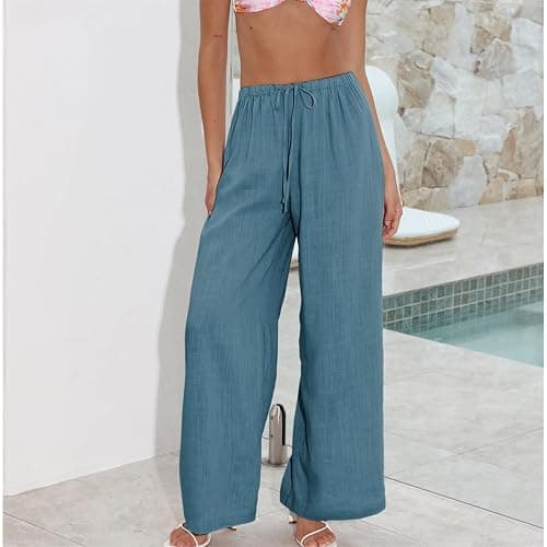 Duyang Womens Cotton Linen Palazzo Pants Drawstring Elastic Waist Casual Wide Leg Trousers with Pockets thumbnail 7
