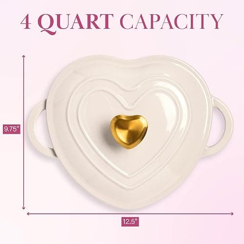 Paris Hilton Enameled Cast Iron Dutch Oven Heart-Shaped Pot with Lid, Dual Handles, Works on All Stovetops, Oven Safe to 500°F, 4-Quart, Cream thumbnail 2