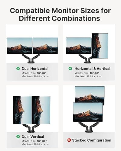 HUANUO Dual Monitor Stand - Full Adjustable Monitor Desk Mount Swivel Vesa Bracket with C Clamp, Grommet Mounting Base for 13 to 32 Inch Computer Screens - Each Arm Holds 4.4 to 19.8lbs thumbnail 6
