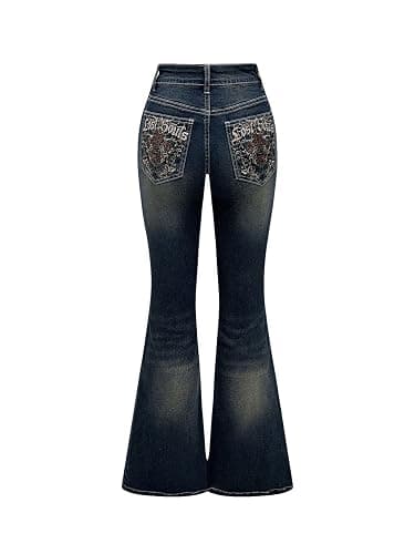 MakeMeChic Women's Flared Jeans Bell Bottom Jeans Embroidered Y2K High Waist Stretchy Denim Pants - Image 1