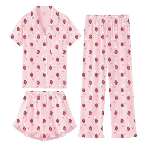 QZH.DUAO 3 Piece Girls Pajama Sets 100% Cotton Ruffle Long Pants with Shorts Sleepwear 3pcs Button Down PJs 5-14 Years - Image 1