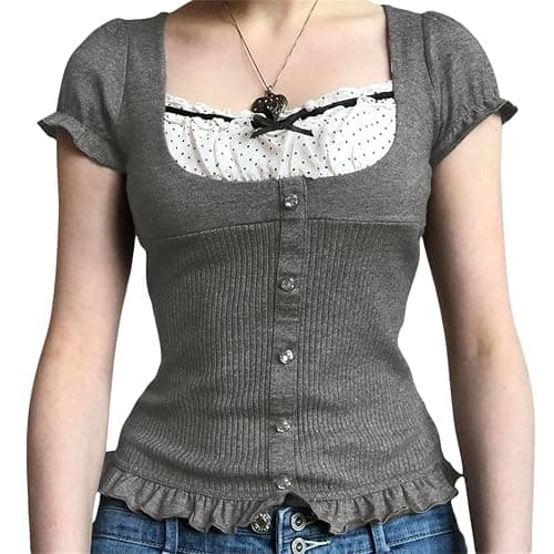 Womens E-Girls Short Sleeve T-Shirt Y2k Lace Trim Crop Tops Crewneck Fairy Grunge Tee Tops Aesthetic Summer Clothes - Image 1