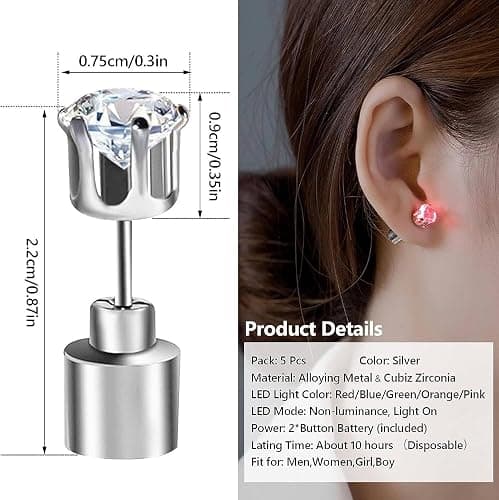 Generic 5Pcs Led Light Up Earrings Led Studs Earrings Party Flashing Blinking Steel Earring Bright Stylish Fashion Earrings Diamond Crown Ear Drop Stud Glowing Up Decoration Multi-Color, silver, M, thumbnail 4