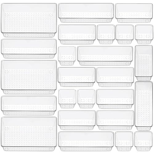 25 Piece Clear Drawer Organizer Set, 4 Sizes Bathroom Vanity Organizer Trays and Storage Bins for Makeup, Cosmetics, Jewelry, and Gadgets. Perfect for Office, Kitchen, Bedroom, Bathroom Use. - Image 1