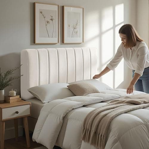 Hearth & Harbor Upholstered Twin Headboard - Easy Assemble Channel Stitched Headboard Twin Size - Wall Mounted Headboards with 3D Soundproof Wall Panels Peel & Stick Floating Headboards, Off White thumbnail 8