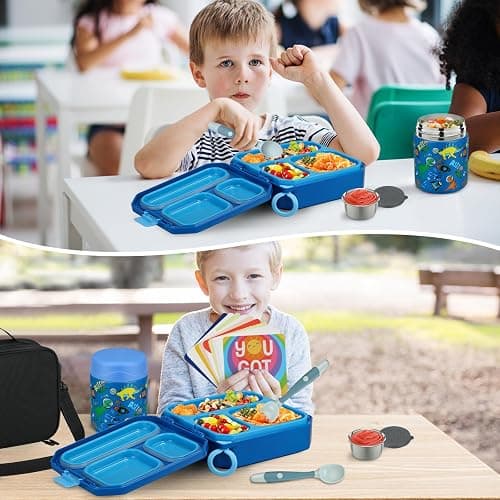 wiwens Bento Lunch Box for Kids with 12oz Soup Thermo Leak-Proof Lunch Food Container with 5 Compartment Thermo Hot Food Jar and Insulated Lunch Bag for Kid Toddler Girls Boys to School thumbnail 7