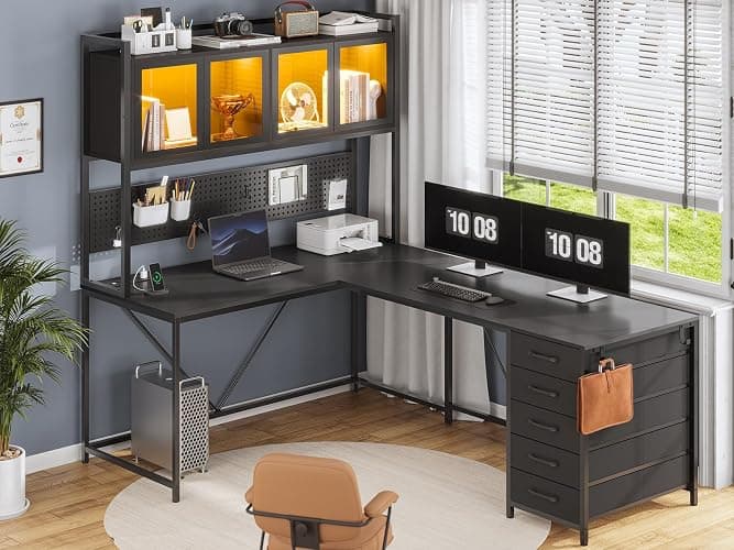 SEDETA L Shaped Gaming Desk with Drawers, L Shaped Computer Desk with Hutch and Storage Shelves, Gaming Desk with Pegboard, Led Lights, and Power Outlet, Home Office Desk, Corner Desk, Black thumbnail 2