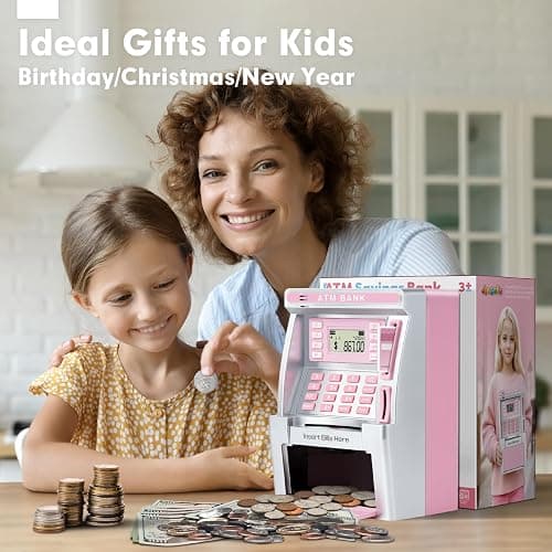 Pink Piggy Bank for Kids, ATM Machine Bank for Real Money with Debit Card, Bill Feeder, Coin Recognition, Balance Calculator, Electronic Savings Safe Box, Gifts for Teen Boy Girl thumbnail 2