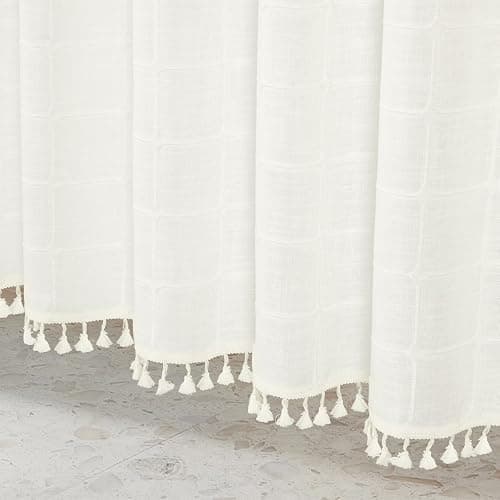 MitoVilla No Hooks Needed Boho Farmhouse Shower Curtain with Snap-in Liner, Cotton Linen Fabric Shower Curtains with Tassels for Rustic Neutral Bathroom Decor, Ivory, 72 x 74 thumbnail 6