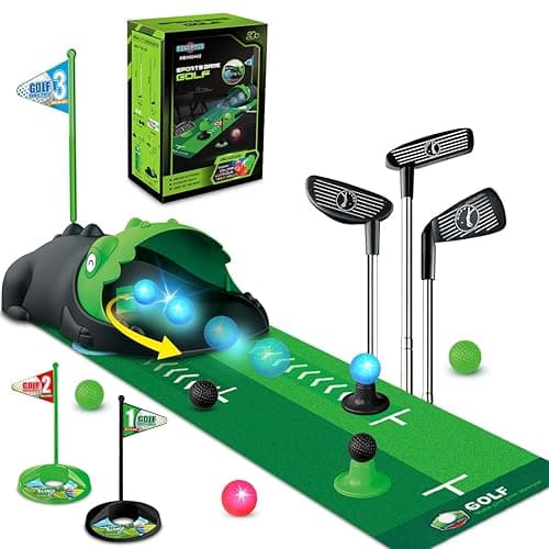 TERRAMUS Upgraded Kids Toy Golf Set with Dinosaur Automatic Golf Returner, Led Light Up Night Golf Balls, 3 Clubs, Putting Mat, 3-8 Toddler Mini Golf Games, Indoor Outdoor Sports Toys for Boys Girls thumbnail 10