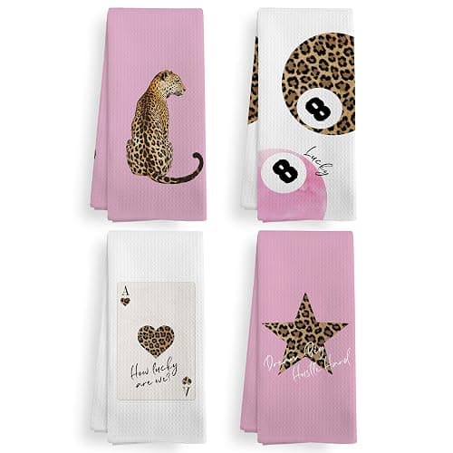 XNXLDYLH Trendy Leopard Cheetah Print Poker Lucky 8 Ball Bathroom Home Decor, Preppy Pink Leopard Decor Dish Hand Tea Towels for Bathroom Sets of 4, Cheetah Kitchen Towels and Dishcloths, 16x24 Inch - Image 1