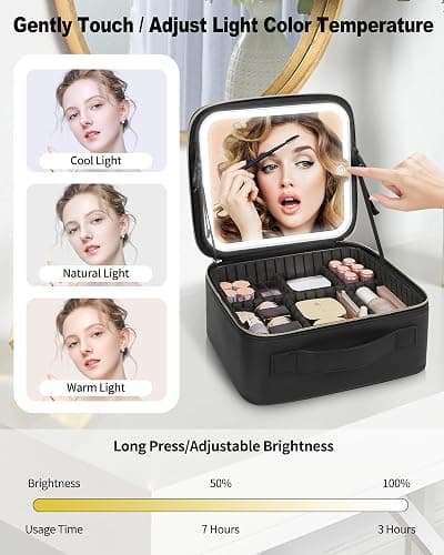 TANTO Makeup Bag With LED Mirror, Travel Makeup Case with Light up Mirror Large Cosmetic Case with 3 Color Lighted Portable Organizer Bag with Adjustable Dividers（Black） thumbnail 3