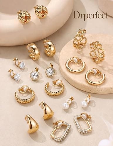 Drperfect Clip On Earrings for Women Non Pierced Earrings Set | Hypoallergenic Ears Clips, 14K Gold Plated CZ Pearl Knot Twist Chunky Hoop and Studs Earring, Fake Earrings Jewelry Gifts thumbnail 7