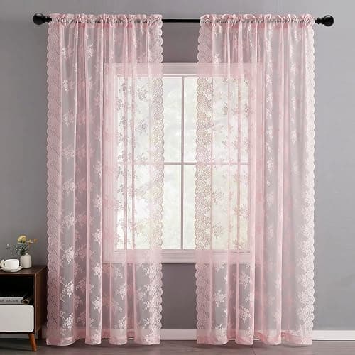 Kotile Pink Lace Curtains 63 Inch Length - Rustic Floral Patterned Pink Nursery Sheer Curtains, Rod Pocket Privacy Scalloped Lace Curtain for Girls Bedroom, 52 x 63 Inch, 2 Panels Set thumbnail 6