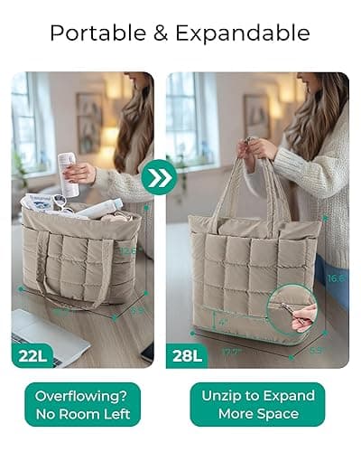 BAGSMART Expandable Tote Bag for Women, Puffer Work Tote Handbag, Quilted Carry-On Travel Gym Bag - D-khaki thumbnail 2