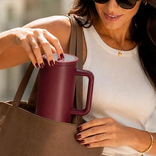 40oz Stainless Steel Insulated Tumbler with Handle & Straw Lid, Notable Red | Double-wall vacuum design, leak-proof lid, Keeps drinks cold & hot, perfect for shopping, commuting, fall travel, camping thumbnail 7