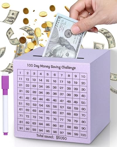 Money Saving Box, Unbreakable Piggy Bank for Adults Save $5,050 Metal Savings Box, 100 Day Money Saving Challenge Stainless Steel Box Must Break to Open 4.72 Inch (Purple) - Image 1