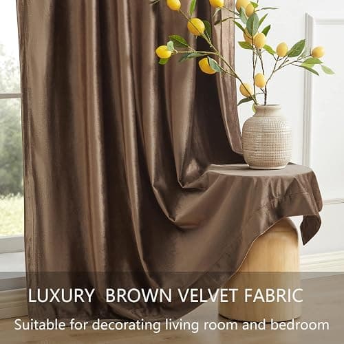 PRIMROSE Brown Velvet Room Darkening Curtains 96 inches Long for Living Room,Blackout Thermal Insulated Window Drapes for Bedroom Solid Modern Decorative Rod Pocket Curtain Set of 2 Panels thumbnail 5