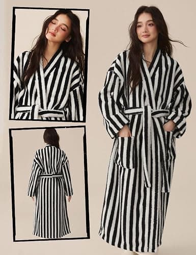 Arssm Womens Striped Fluffy Robe Long Plush Fuzzy Warm Bathrobes | Cozy Thick Loungewear, Maxi Robe, Color Block, Housecoat thumbnail 4