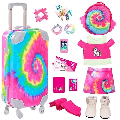 Ecore Fun American 18 Inch Doll Clothes and Accessories, 16 Pcs Girl Doll Clothes and Suitcase Travel Set- Luggage Short Sleeves Skirts Hairband Bag ect (No Dolls) thumbnail 5