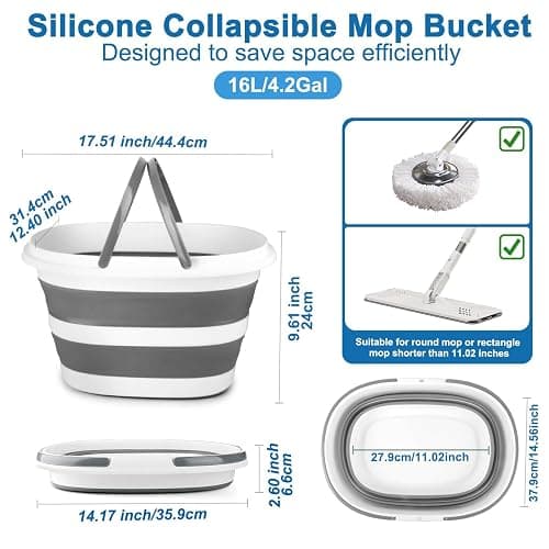 Collapsible Mop Bucket with Handle for Cleaning, 16L(4.2 Gallon) Silicone Square Mopping Bucket for Windows Cleaning or Car Washing, Cleaning Supplies Organizer Plastic Bucket for Storage thumbnail 2