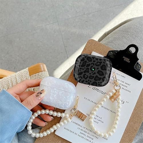Olytop for Cute Glitter Airpods 4 Case 2024 with Cleaner Pen, Shell Pattern Apple Airpods iPod 4th Generation Case Cover Protective Skin Girl Women with Luxury Pearl Keychain, Black/Grey Leopard thumbnail 3