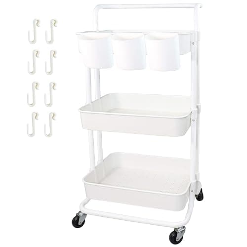 Piowio 3 Tier Utility Rolling Cart Multifunction Organizer Shelf Storage Cart with 3 Pieces Cups and 8 Pieces Hooks for Home Kitchen Bathroom Laundry Room Office Store etc. (White) - Image 1
