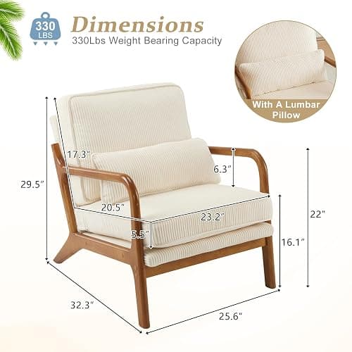 VINGLI Upgraded Premium Corduroy Accent Chair,Upholstered Arm Chair,Solid Wood Comfy Reading Chair with Lumbar Pillow, Mid Century Modern Chairs for Living Room,Bedroom,Guest Room,Beige thumbnail 2