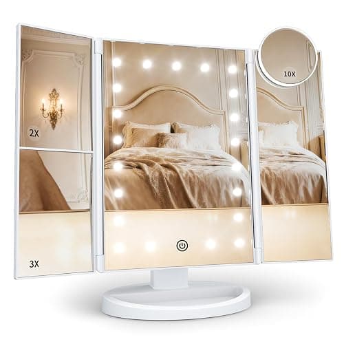 HUONUL Makeup Mirror Vanity Mirror with Lights, 2X, 3X, 10X Magnification, Touch Control, Trifold, White, 9.4" L x 13.4" W, Modern Style, Dresser Mount, Bathroom - Image 1