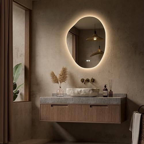 Keonjinn Irregular Backlit Mirror 24 x 30 Inch, Asymmetrical LED Bathroom Mirror with HD Tempered Glass, UL-Listed LED Driver, Stepless Dimmable with 3 Colors, Safe Defogging(Horizontal/Vertical) - 30"L x 24"W thumbnail 3
