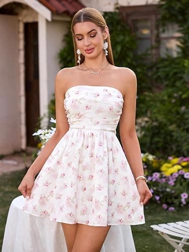 VKIHOC Summer Strapless Mini Dress Sleeveless Smocked Flowy A Line Beach Tube Top Dresses for Women 2026 thumbnail 4