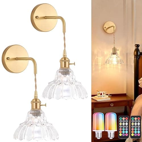 Shenmoyl Vintage Battery Operated wall sconces Set of 2, Wall Lamps with Clear Lily of the Shade Pattern Glass, Adjustable Chain Gold Wall Lights, sconces wall Decor for Stairway Living Room Doorway - Image 1
