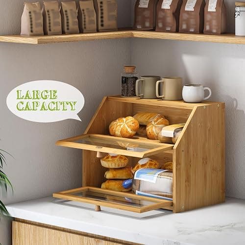BMOSU Farmhouse Bread Box for Kitchen Countertop Bread box Double Layer Bamboo Wooden Extra Large Capacity Bin Kitchen Food Storage Container(Natural) thumbnail 7