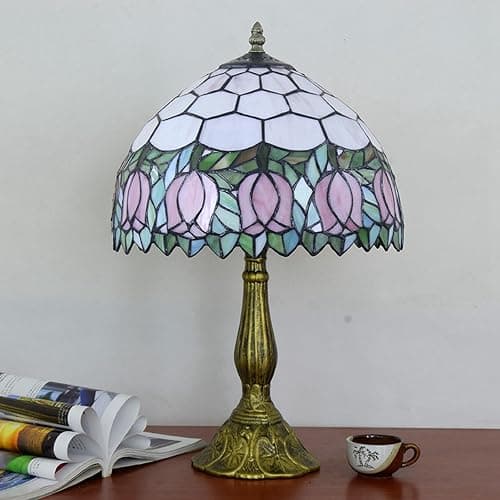 Blivuself Tiffany Lamp Stained Glass Lamp Pink Tulip Bedroom Table lamp Reading Desk Light for Bedside Living Room Office Dormitory Dining Room Decorate Housewarming Gift 12X12X18 Include Light Bulb thumbnail 3