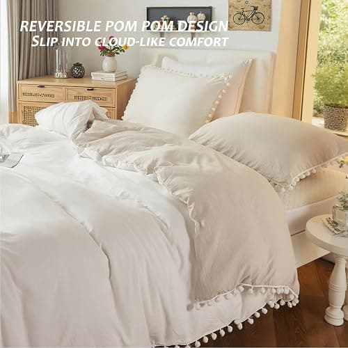 Bedbay Boho Bedding Comforter Set Kids Bedding Twin Cute Ball Pom Pom Fringe Farmhouse Bedding White and Beige Reversible Preppy Comforter Set(White&Beige,Twin) thumbnail 3
