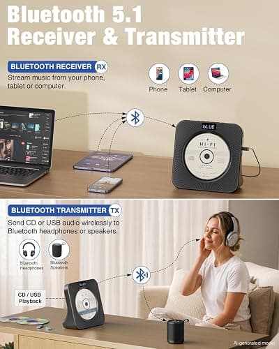 MEGATEK Portable CD Player with Bluetooth RX/TX, FM Radio & USB - Black | Desktop Design, HiFi Stereo Speakers, Front Display, Headphone Jack, Sleep Timer, Remote, USB-C Adapter Included thumbnail 3