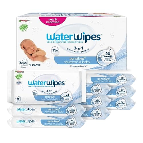 WaterWipes Sensitive+ Newborn & Baby Wipes, 540 Count (9 Packs), 3-In-1 Cleans, Cares, Protects, 99.9% Water, Unscented - Image 1