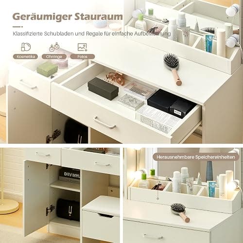 TUKAILAI Schminktisch mit LED-Beleuchtung, Frisiertisch mit 2 Schubladen und 6 offenen Fächern, Moderner Schlafzimmer Make up Schreibtisch, Kosmetiktisch mit Spiegel Einstellbarer Helligkeit thumbnail 5