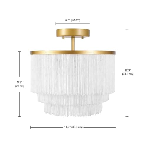 Globe Electric 65892 1-Light Flush Mount Ceiling Light, Matte Gold, White Fabric Fringe Shade, Bulb Not Included thumbnail 3