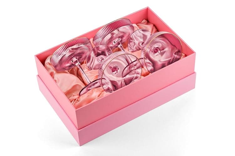 GLASSIQUE CADEAU Vintage Art Deco Blush Pink Coupe Glasses with Gold Rims | Set of 4 | 7 oz Crystal Ribbed Cocktail Glassware for Drinking Champagne, Martini, Cosmopolitan | Girly Speakeasy Saucers thumbnail 4