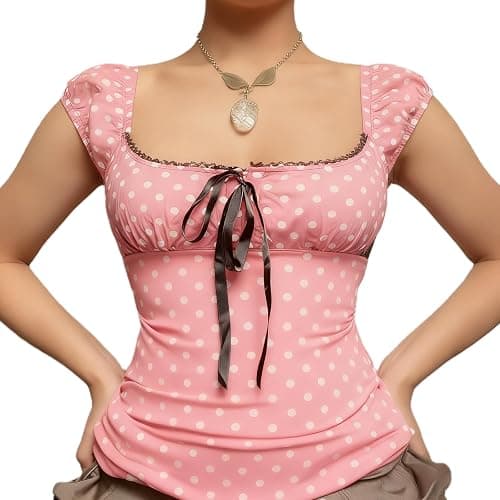 Women Y2K Fairy Grunge Shirt Cap Sleeve Lace Up Polka Dot Coquette Milkmaid Tops Vintage E-Girls Aesthetic Clothes - Image 1