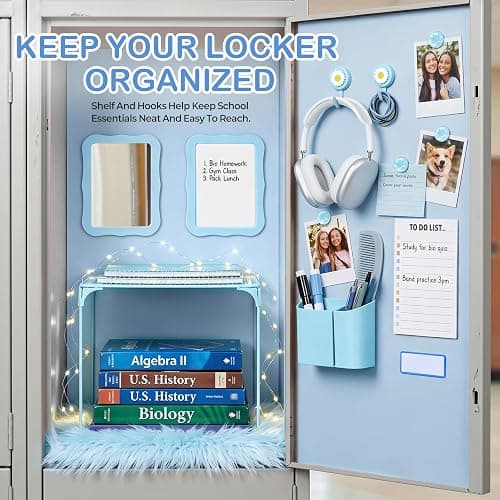 Flickzy 19 PCS Locker Accessories for Girls - Locker Decorations Kit with Magnetic Mirror Whiteboard Shelf Rug Wallpaper Lights, Locker Organizer Set for School Dorm Gym Office (Blue) thumbnail 6