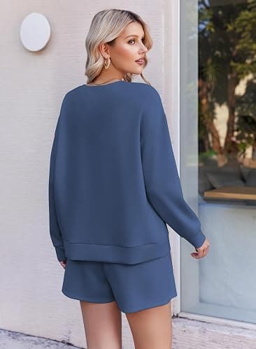 Ekouaer Women's Lounge Sets Pajamas 2026 Fall Long Sleeve Top&Shorts XS-XXL | Matching 2 Piece Sets,Fall outfits,Loungewear for Travel,Vacation,Airport,Home,Daily Wear,Shorts with Pockets thumbnail 2